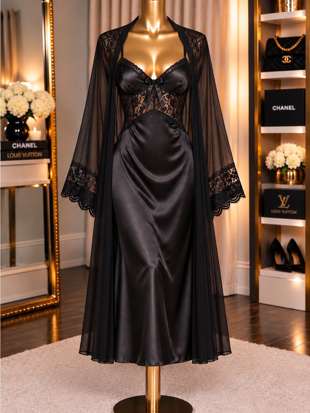 Midnight Black Satin Lace Nightgown & Sheer Robe 2-Piece Lingerie Set